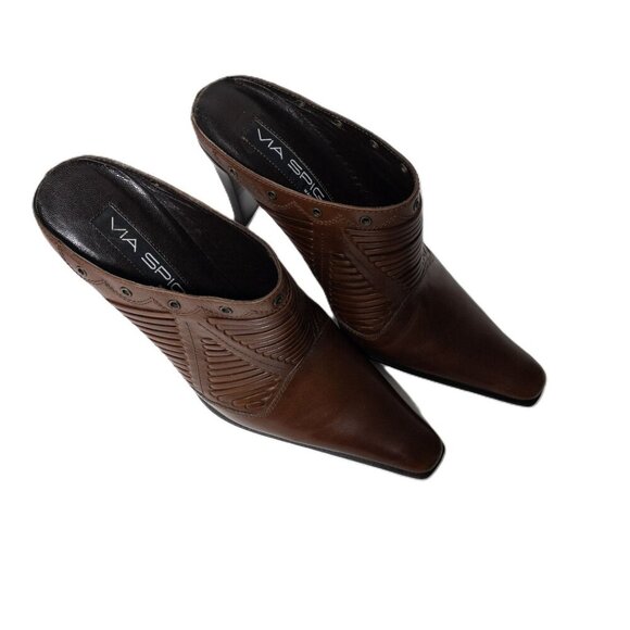 Via Spiga Brown Leather Heel Mules With Studded Detailing & Pointed Toe Size 7M - Picture 6 of 10